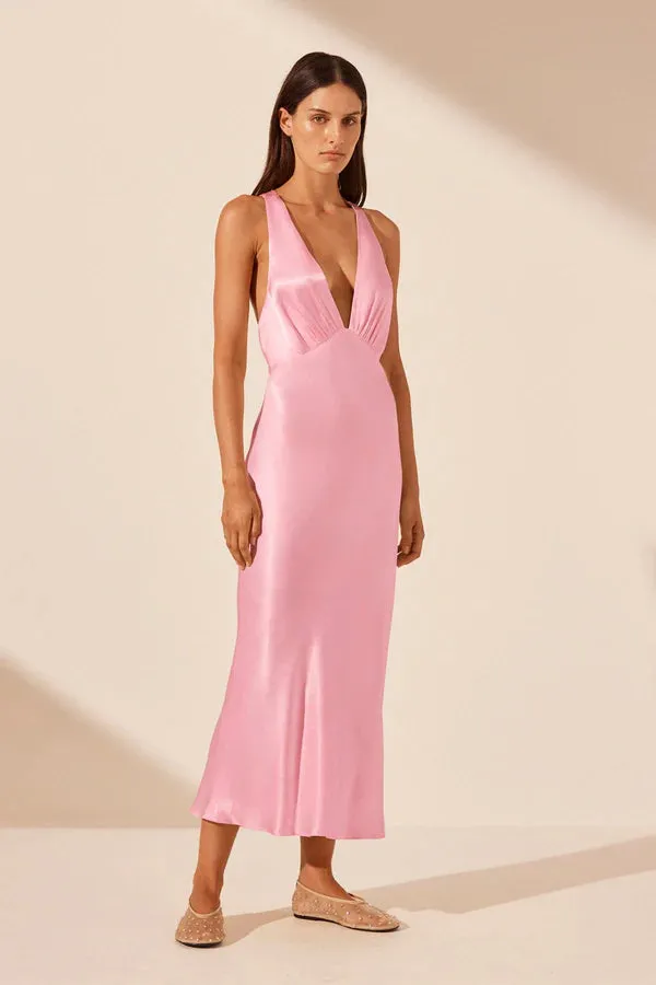 La Lune Plunged Cross Back Midi Dress - Peony