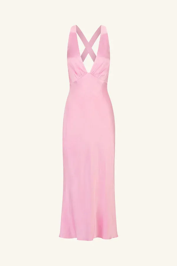 La Lune Plunged Cross Back Midi Dress - Peony