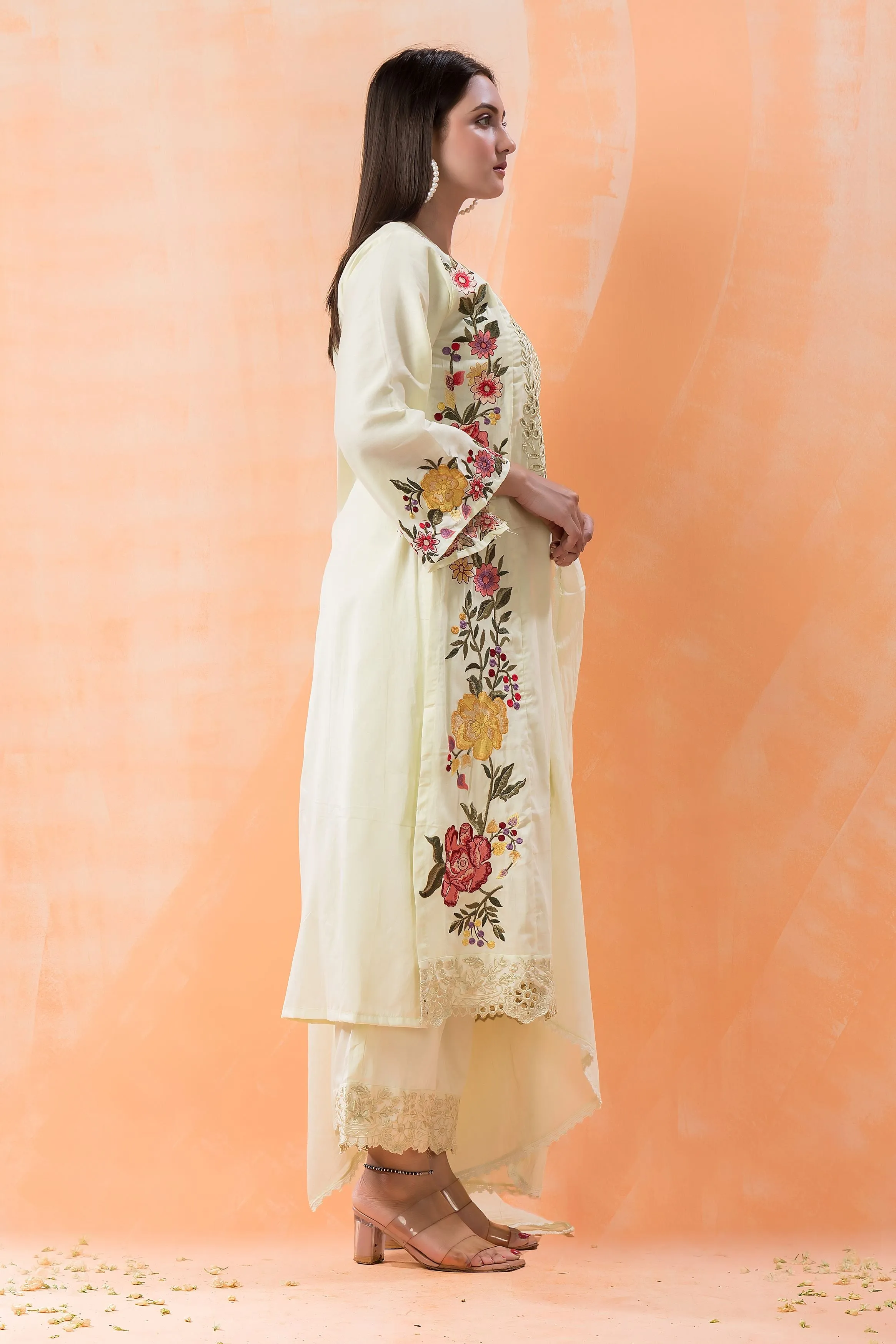 Lemon Yellow Embroidered Cotton Satin Silk Pants Set