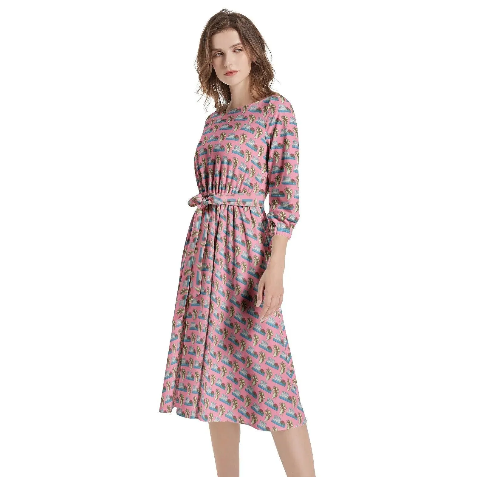 Light Blue Casket on Rose Pink - Boat Neck Belted Flared Dress