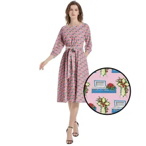 Light Blue Casket on Rose Pink - Boat Neck Belted Flared Dress