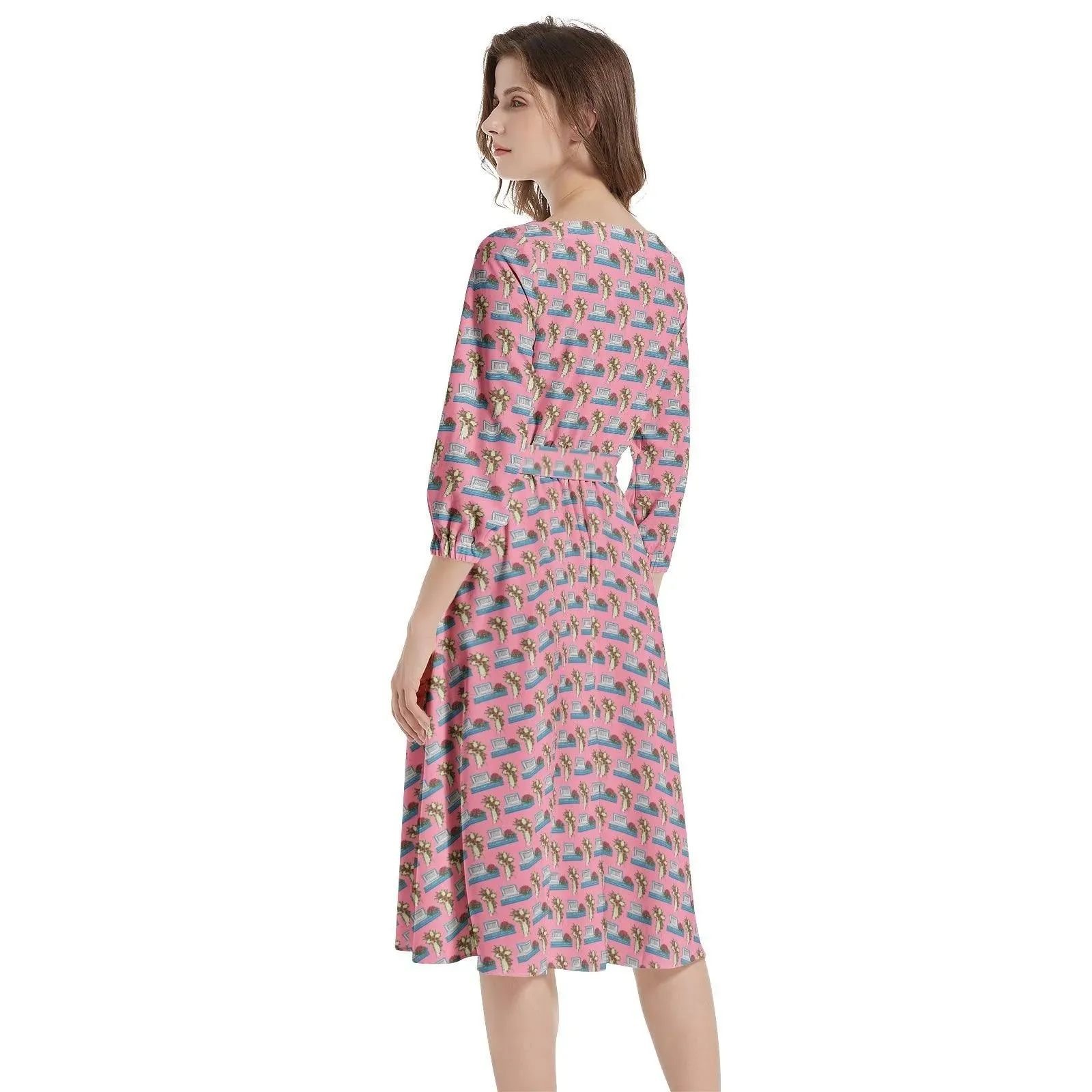 Light Blue Casket on Rose Pink - Boat Neck Belted Flared Dress