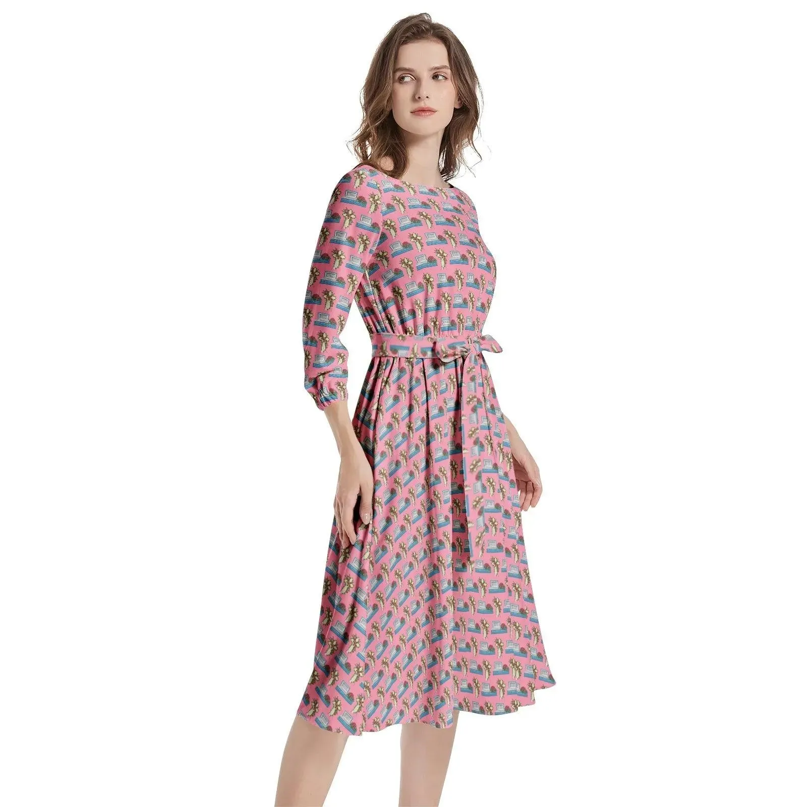 Light Blue Casket on Rose Pink - Boat Neck Belted Flared Dress