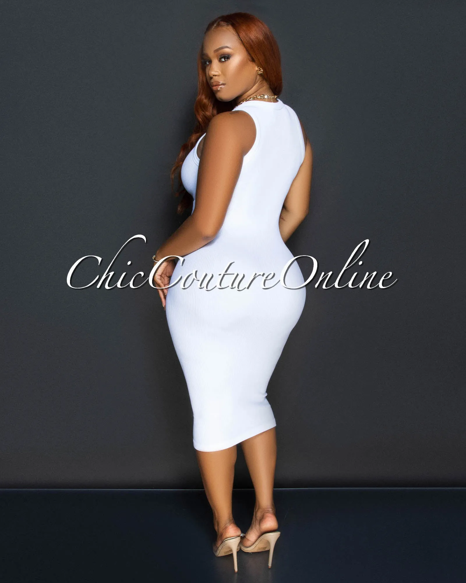 Liona White Sleeveless Ribbed Midi Dress