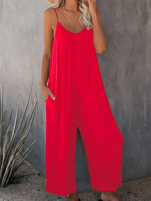 Loose Full-Length Cami Playsuit - Solid Oversized Jumpsuit
