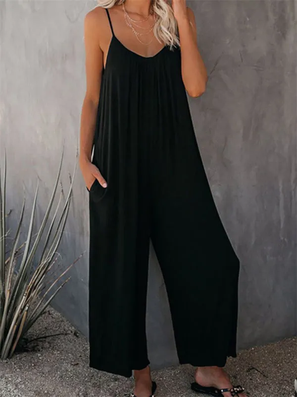 Loose Full-Length Cami Playsuit - Solid Oversized Jumpsuit