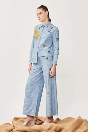 Lotus & Humming Bird Side Pleated Shirt With Matching Flared Pants