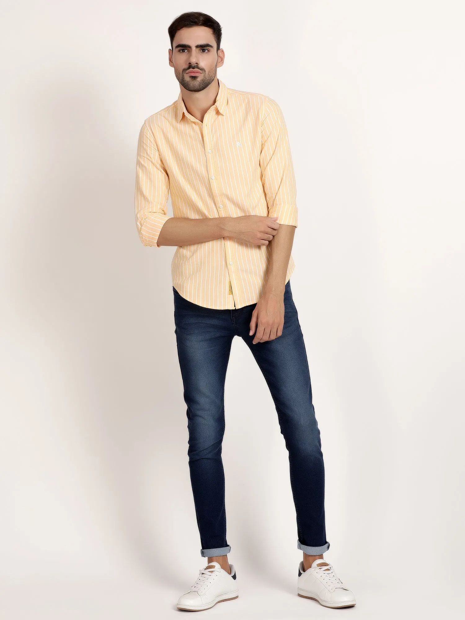 Men Peach Striped Semi Formal Shirt (GBRJ6006)