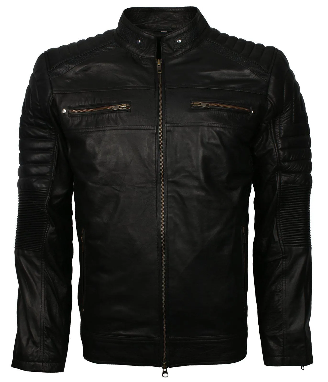 Men's Black Cafe Racer Genuine Leather Biker Jacket - Classic Quilted Design