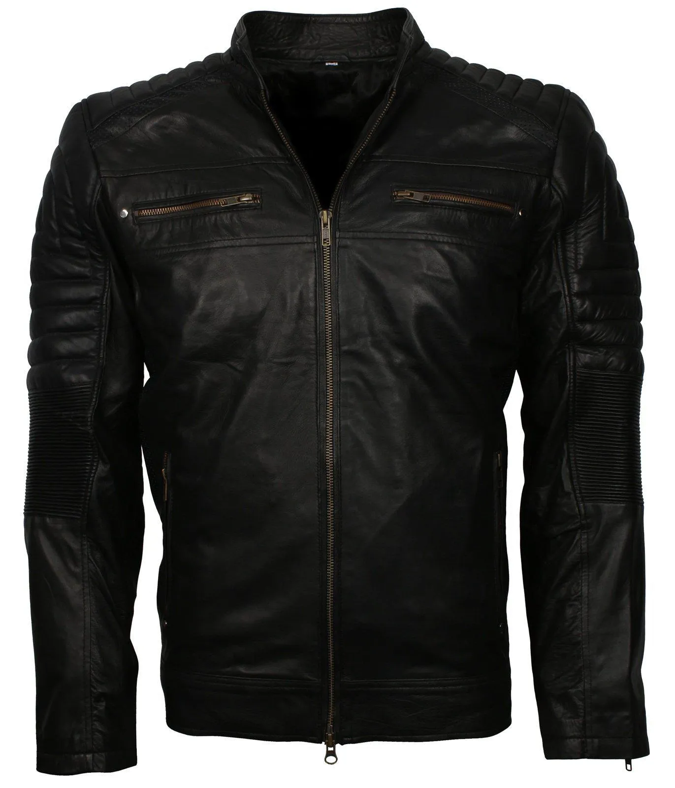 Men's Black Cafe Racer Genuine Leather Biker Jacket - Classic Quilted Design