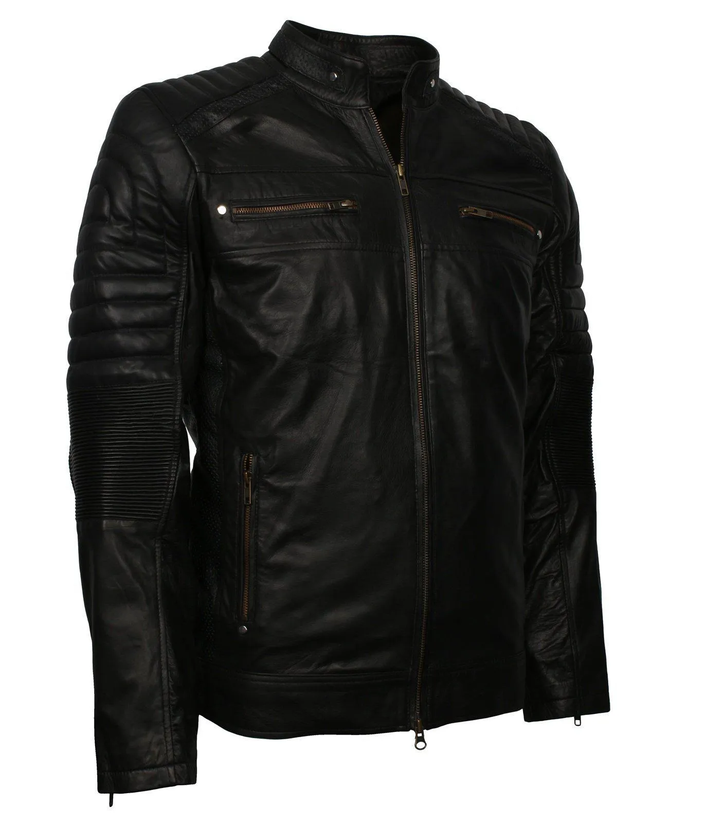 Men's Black Cafe Racer Genuine Leather Biker Jacket - Classic Quilted Design