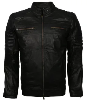Men's Black Cafe Racer Genuine Leather Biker Jacket - Classic Quilted Design