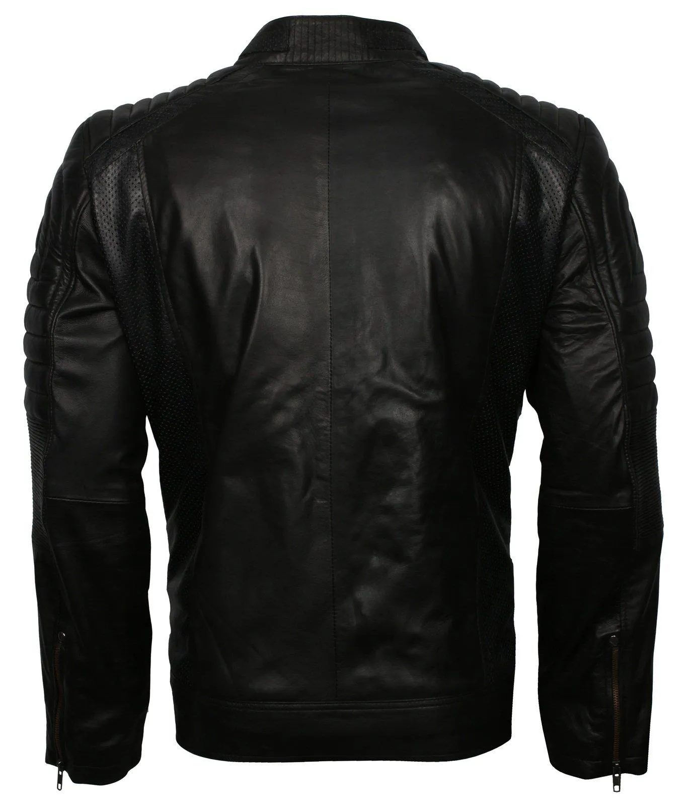 Men's Black Cafe Racer Genuine Leather Biker Jacket - Classic Quilted Design