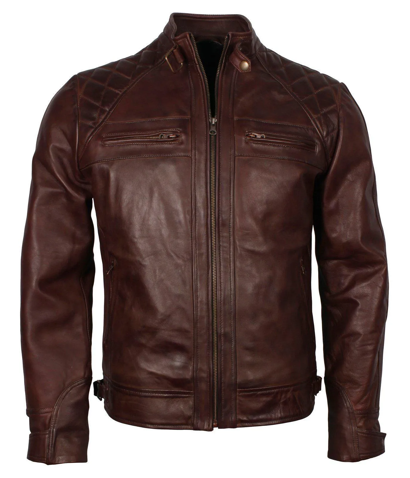 Men's Dark Brown Diamond Quilted Genuine Leather Motorcycle Jacket with Front Zip Pockets