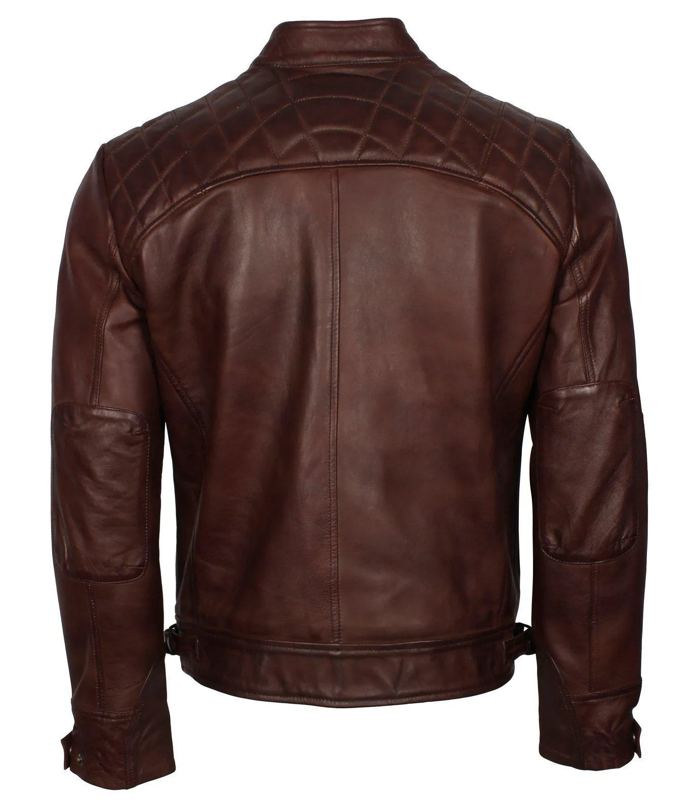 Men's Dark Brown Diamond Quilted Genuine Leather Motorcycle Jacket with Front Zip Pockets