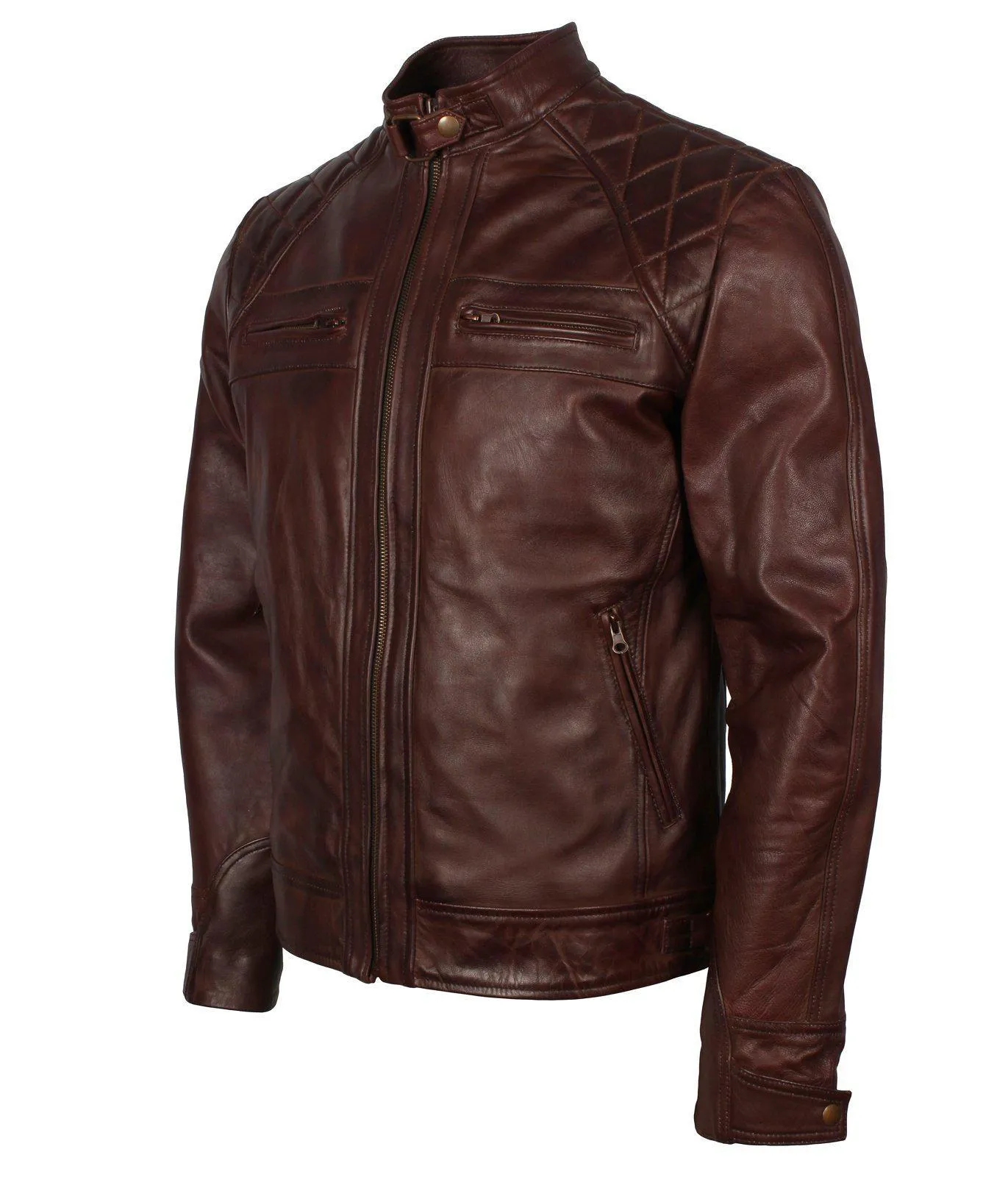 Men's Dark Brown Diamond Quilted Genuine Leather Motorcycle Jacket with Front Zip Pockets