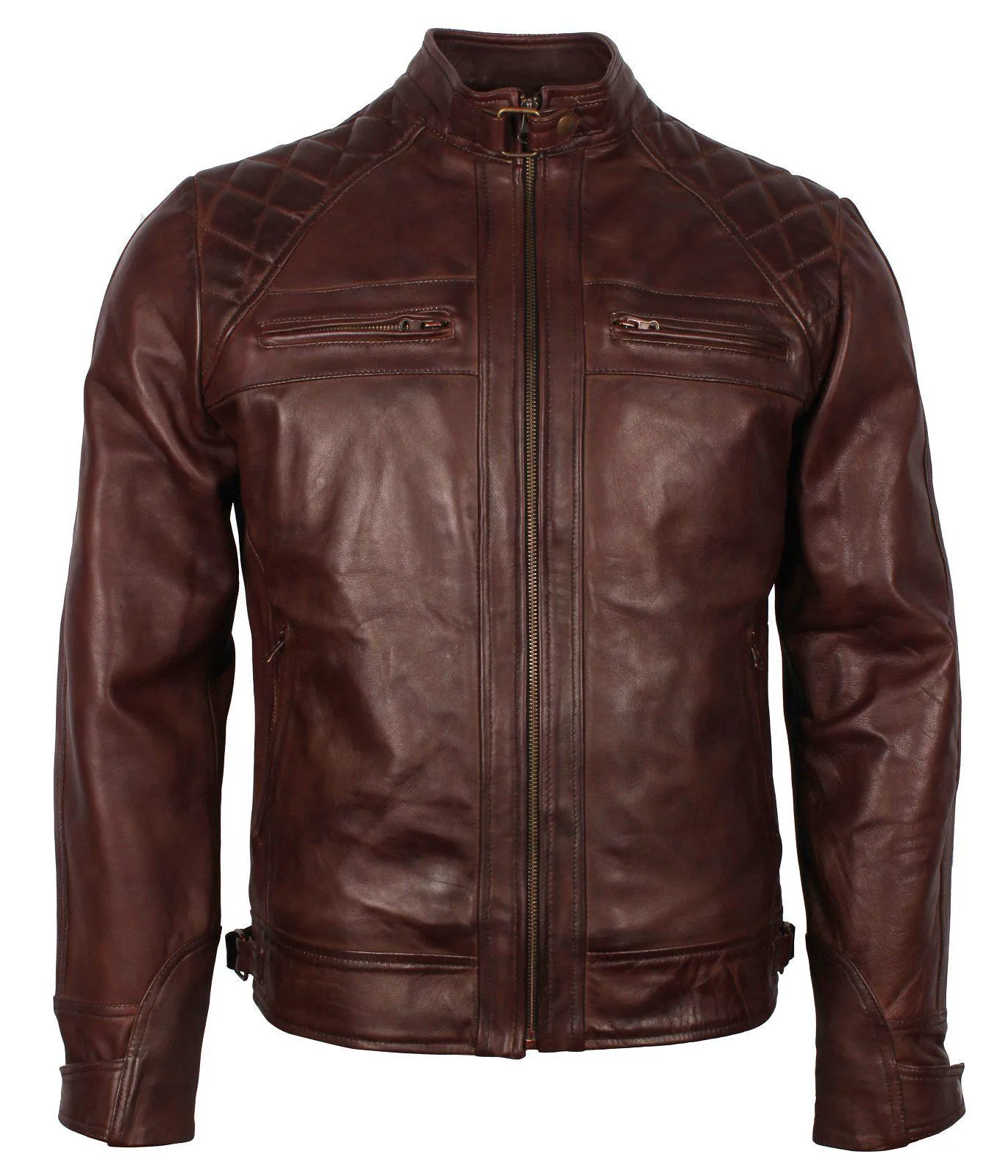 Men's Dark Brown Diamond Quilted Genuine Leather Motorcycle Jacket with Front Zip Pockets