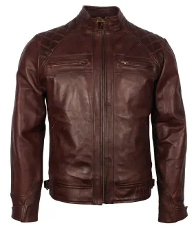 Men's Dark Brown Diamond Quilted Genuine Leather Motorcycle Jacket with Front Zip Pockets