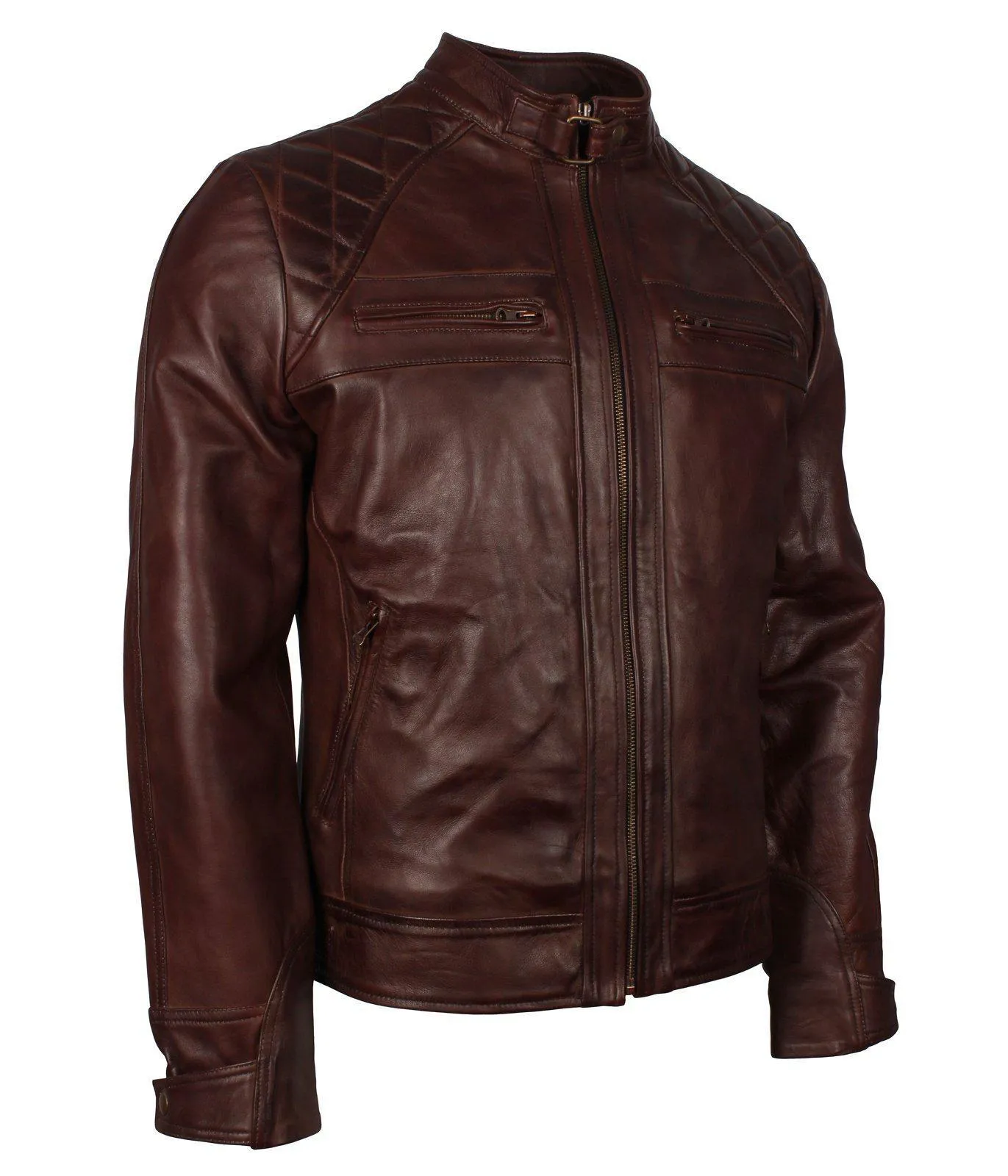 Men's Dark Brown Diamond Quilted Genuine Leather Motorcycle Jacket with Front Zip Pockets