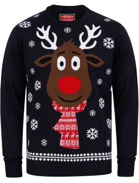 Men's Rudolph Scarf Motif Novelty Christmas Jumper in Ink - Merry Christmas