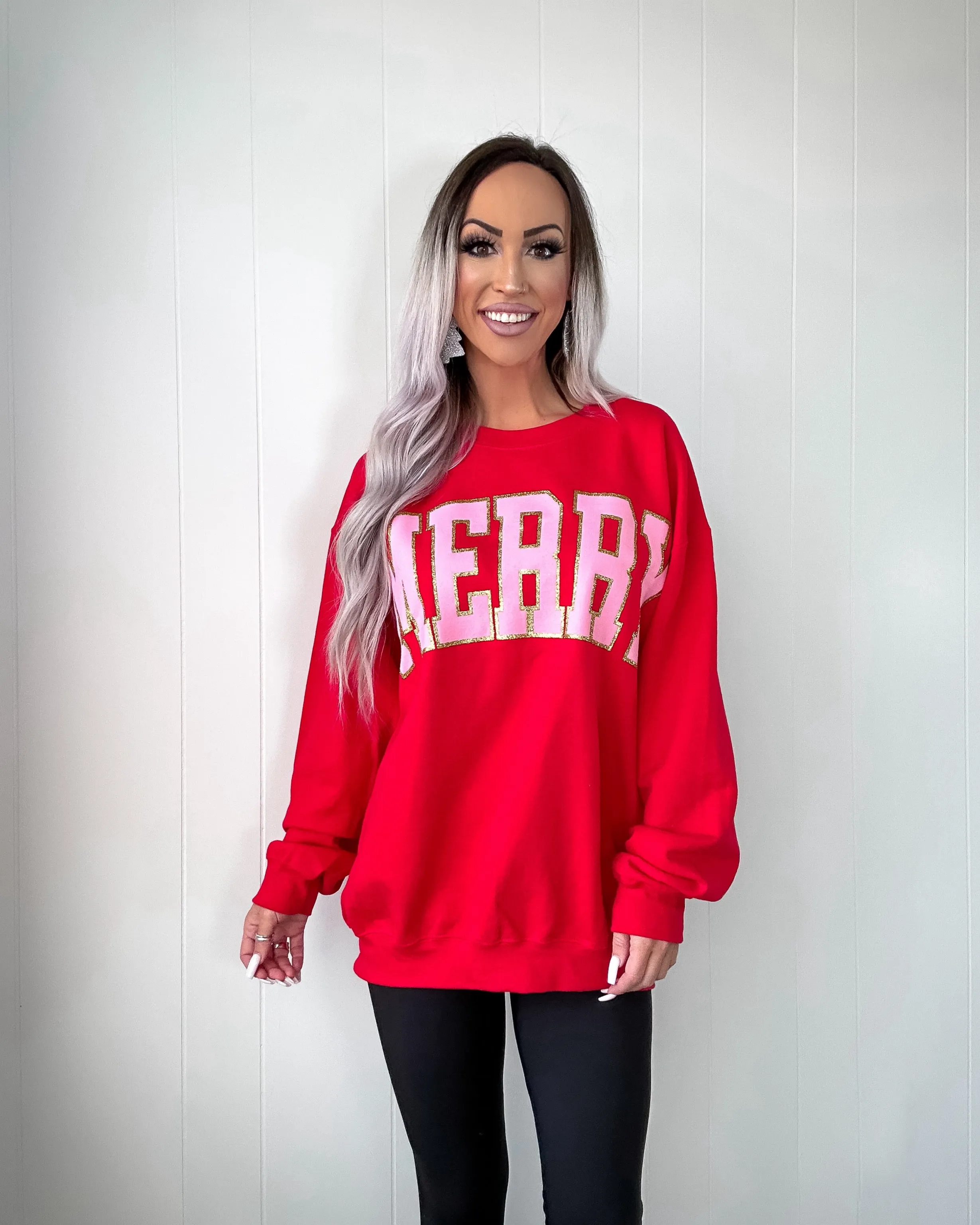 Merry Glitter Oversized Sweatshirt - Red