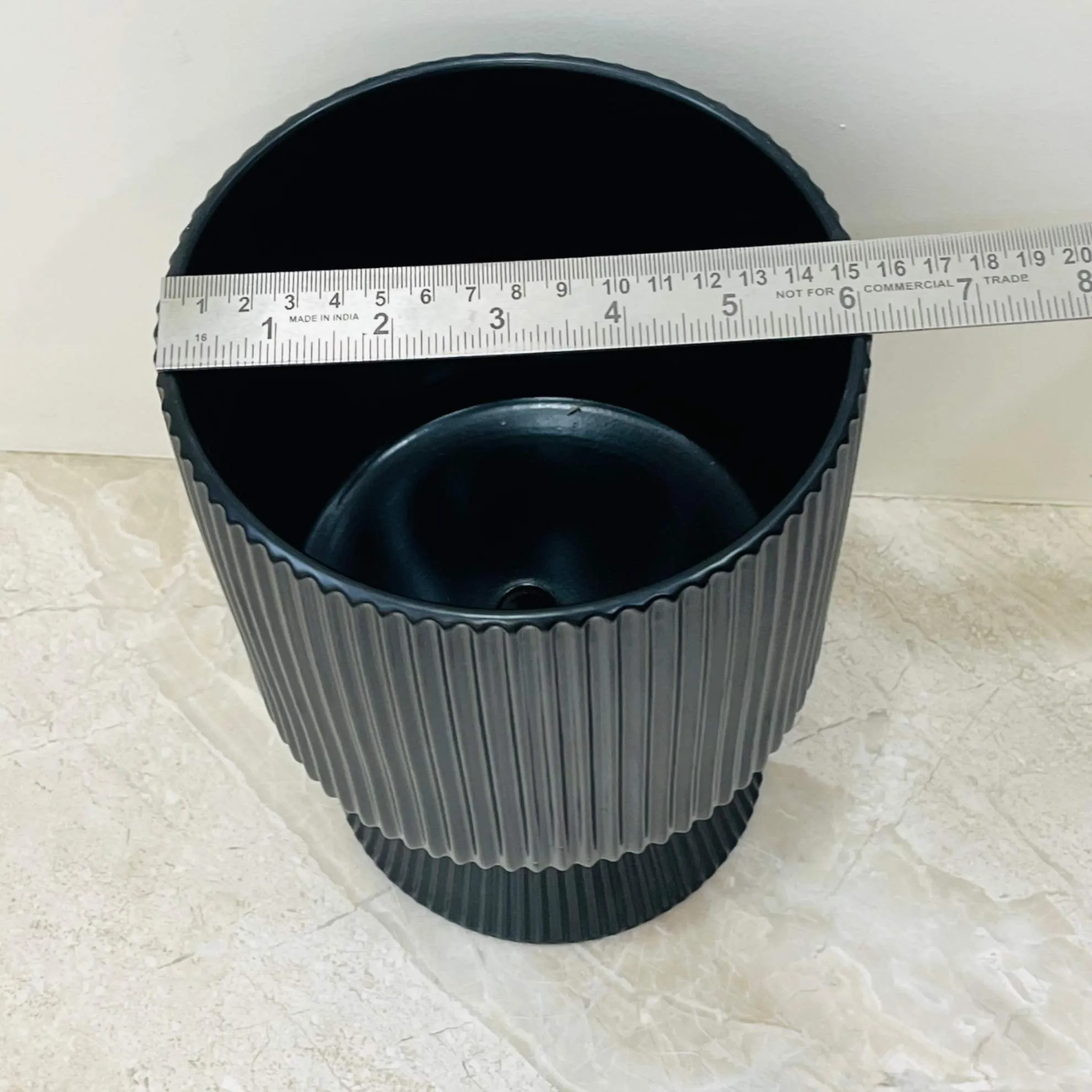Midnight Blue Flared Base Ceramic Pot with Vertical Ribbed Design