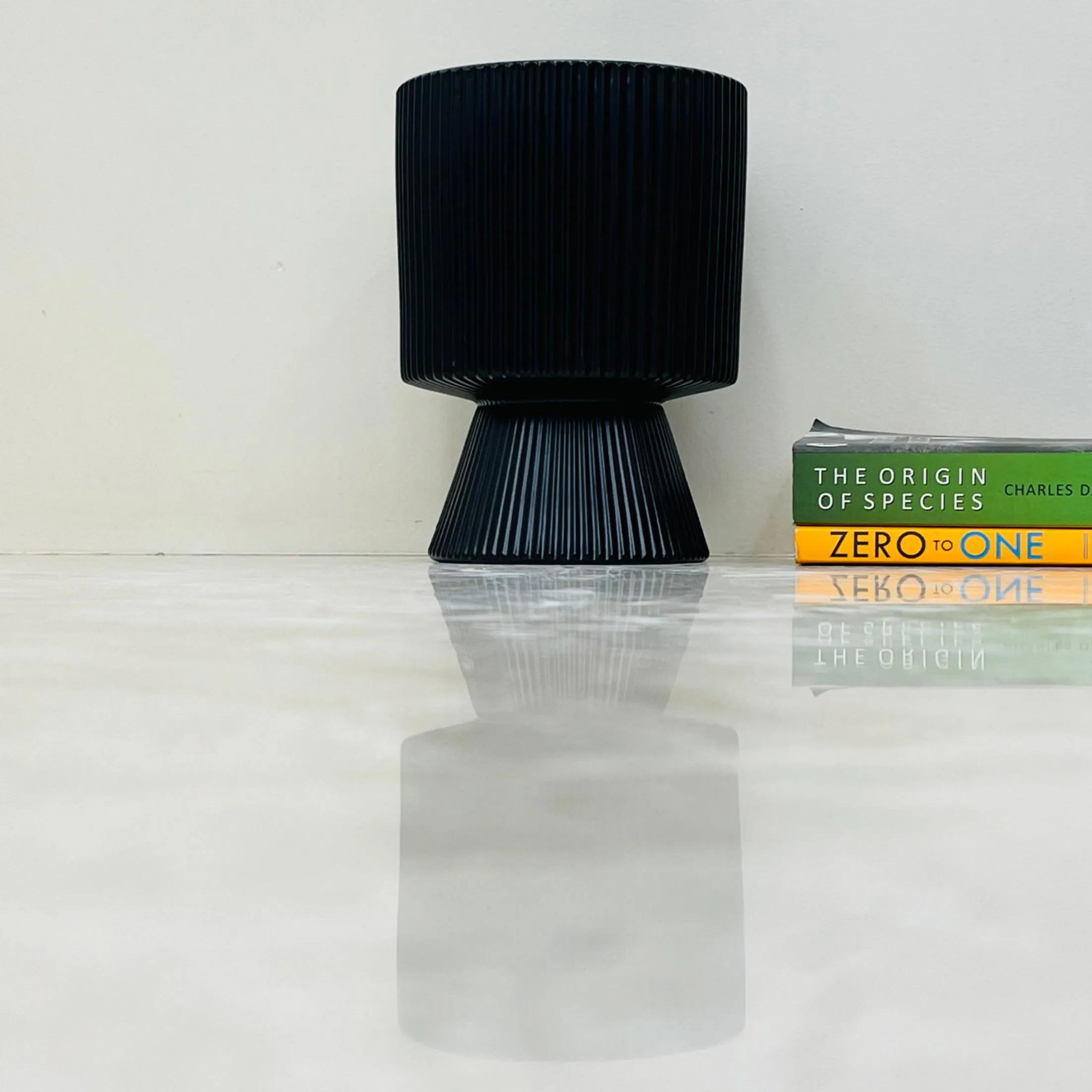 Midnight Blue Flared Base Ceramic Pot with Vertical Ribbed Design