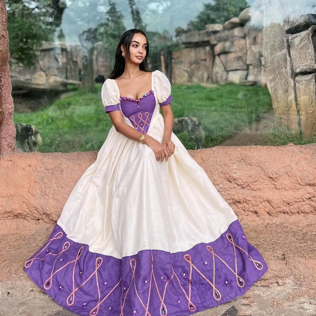 Modern Ethiopian Habesha Kemis with Purple Wide Tilet Design