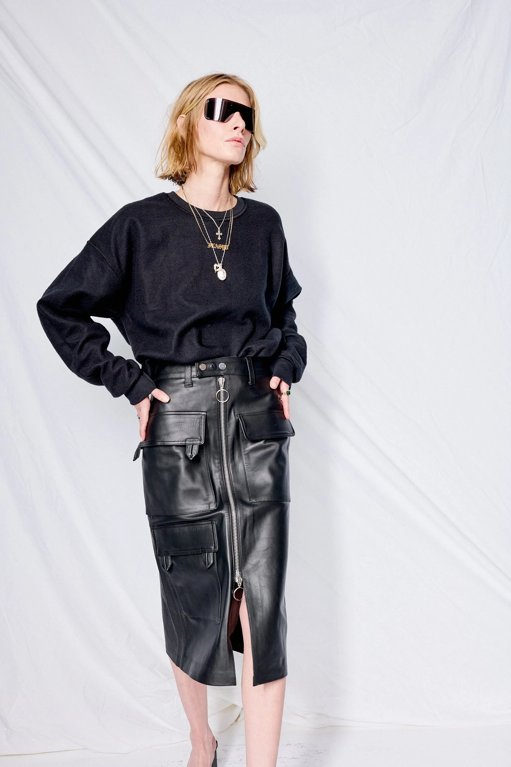 Multipocket Biker Style Leather Skirt