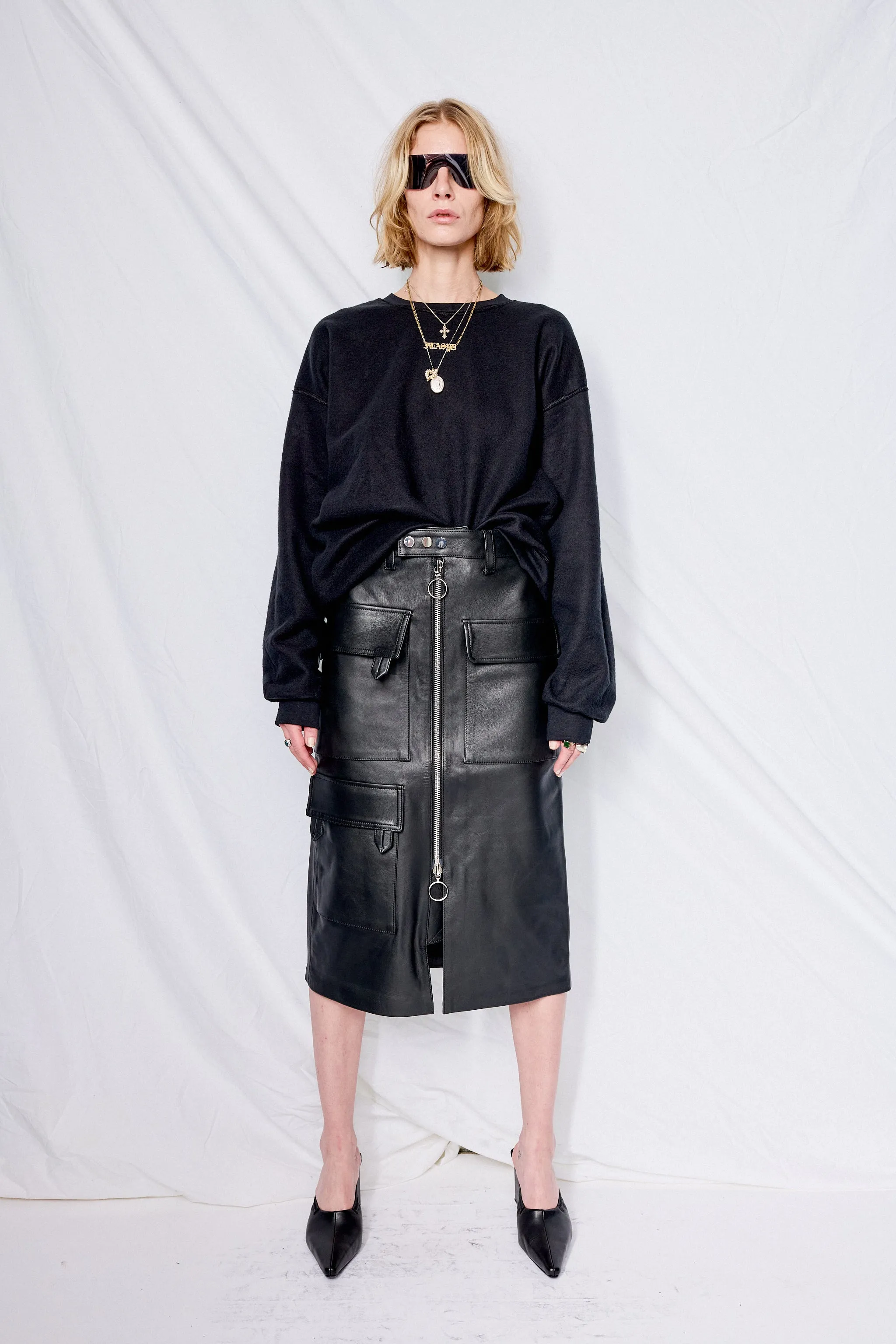 Multipocket Biker Style Leather Skirt