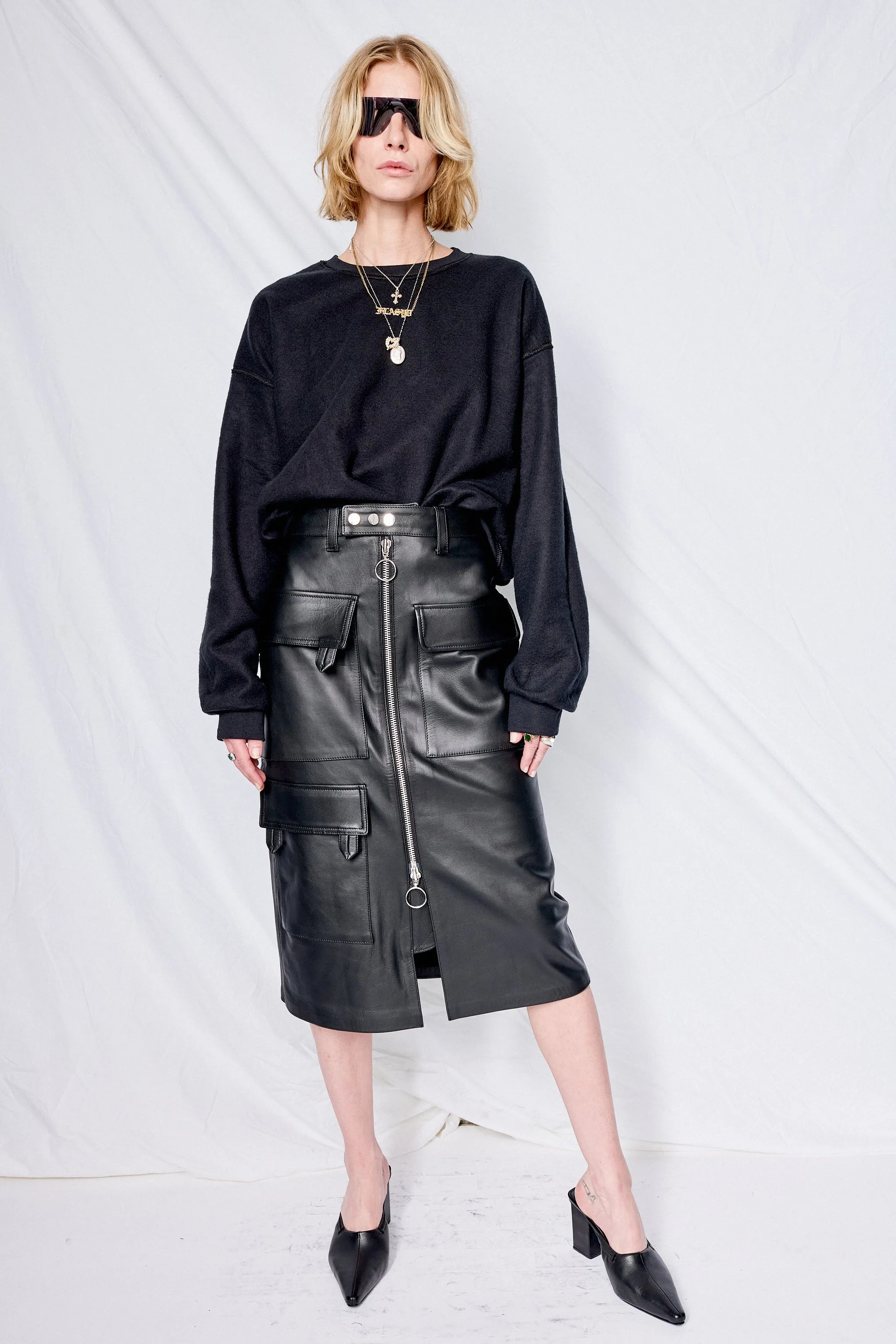 Multipocket Biker Style Leather Skirt