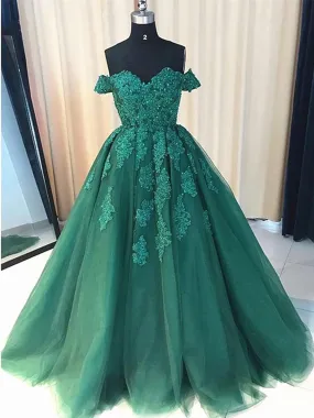 Off the Shoulder Beaded Emerald Green Lace Long Prom Dresses, Off Shoulder Green Lace Formal Evening Dresses, Green Ball