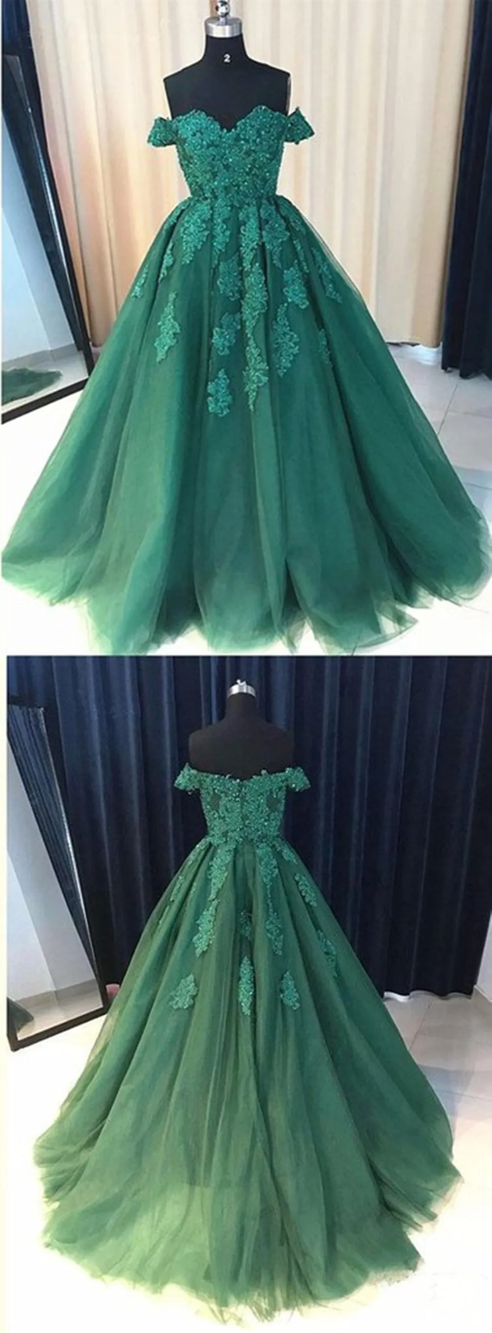 Off the Shoulder Beaded Emerald Green Lace Long Prom Dresses, Off Shoulder Green Lace Formal Evening Dresses, Green Ball