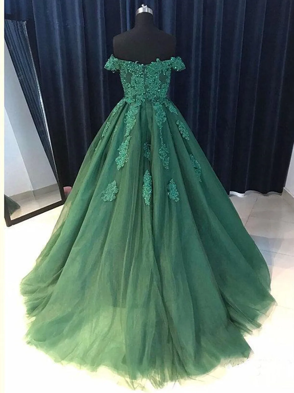 Off the Shoulder Beaded Emerald Green Lace Long Prom Dresses, Off Shoulder Green Lace Formal Evening Dresses, Green Ball