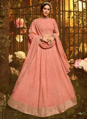 Peach Color Resham And Sequins Base Georgette Flared Lehenga Choli