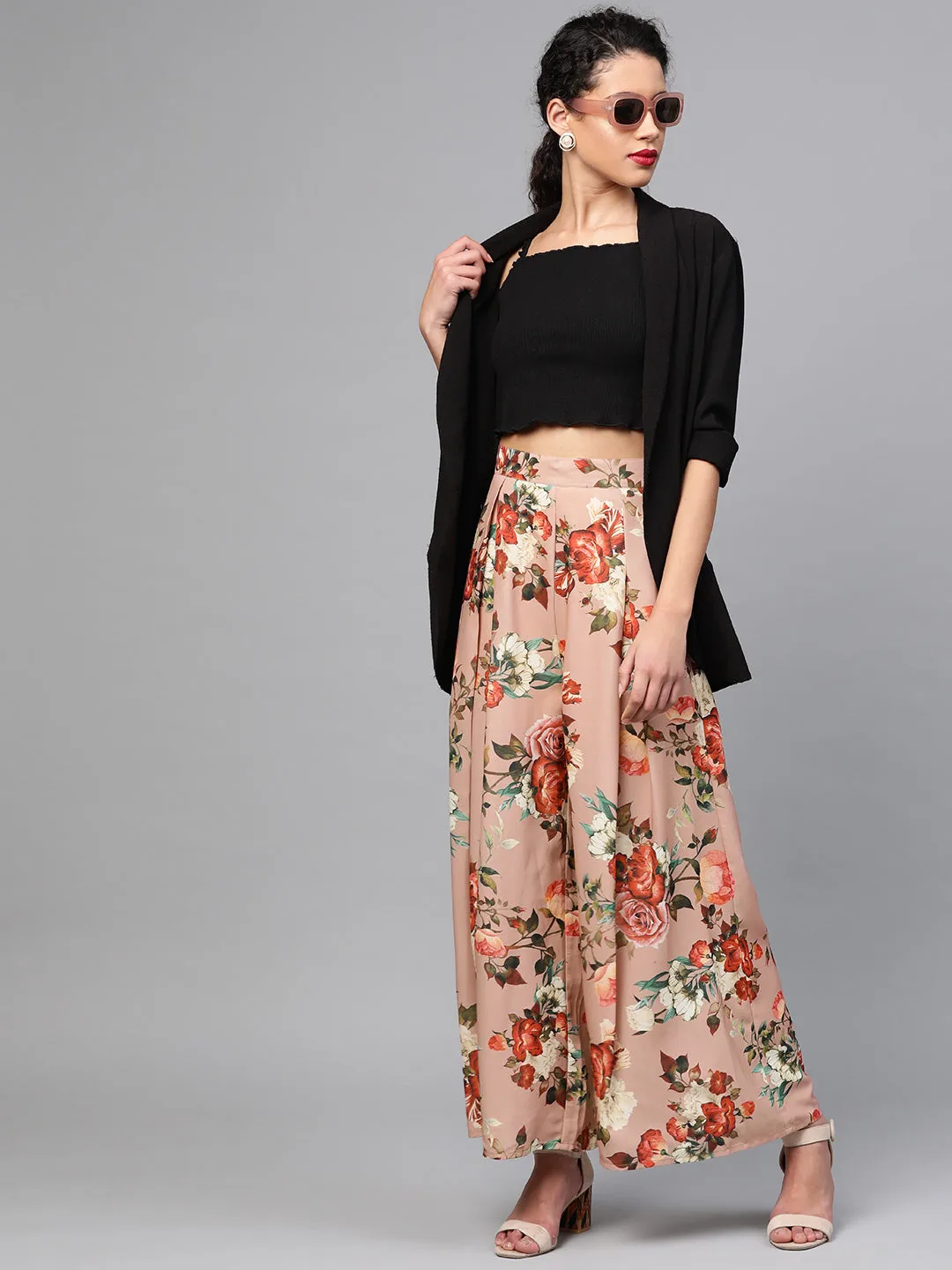 Peach Floral Flared Palazzos