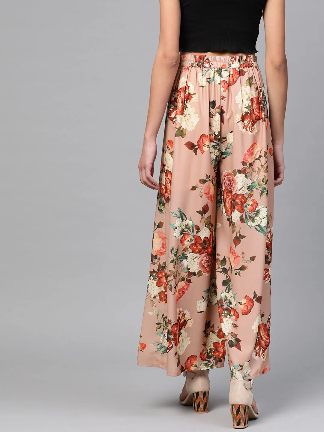 Peach Floral Flared Palazzos