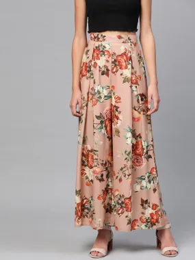 Peach Floral Flared Palazzos