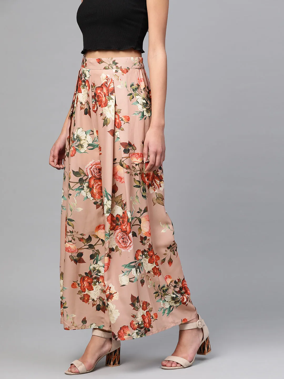 Peach Floral Flared Palazzos