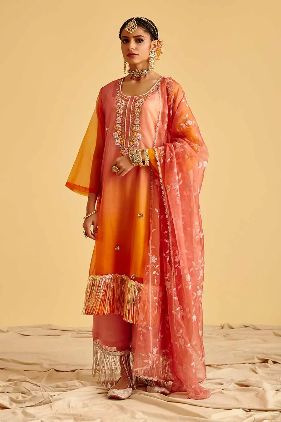 Peach Ombre Embroidered Kurta Set