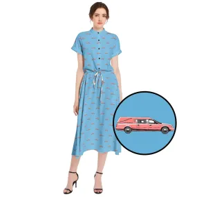 Pink Hearse on Baby Blue - Waist A-line Flared Midi Dress