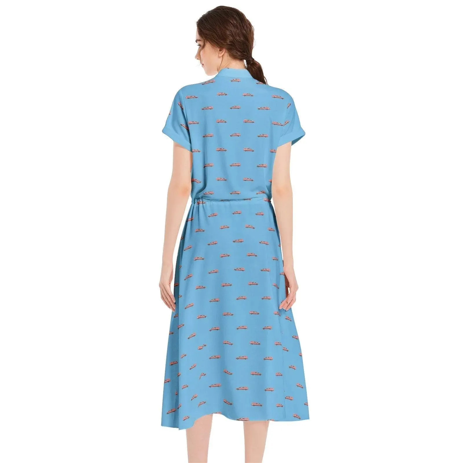 Pink Hearse on Baby Blue - Waist A-line Flared Midi Dress