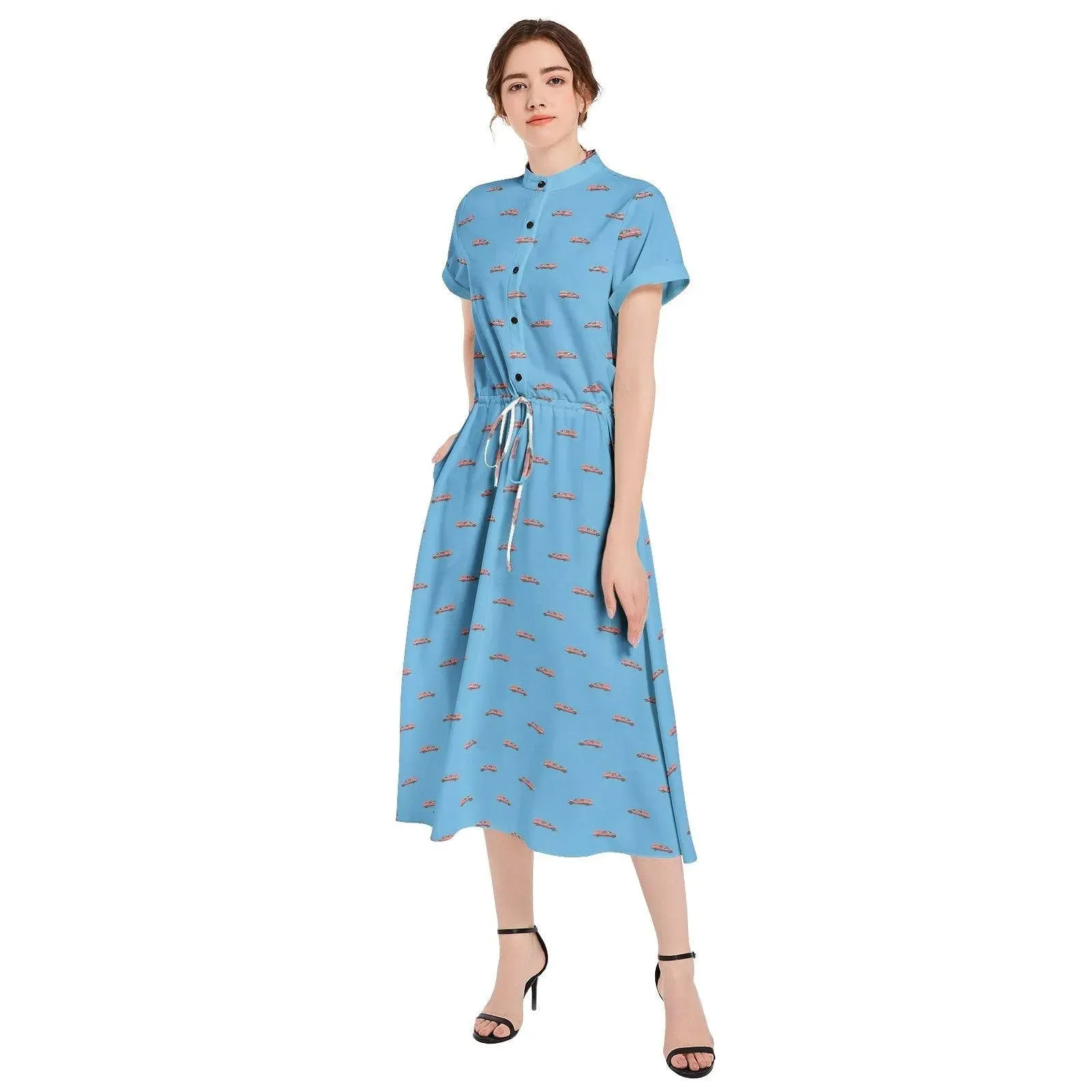 Pink Hearse on Baby Blue - Waist A-line Flared Midi Dress