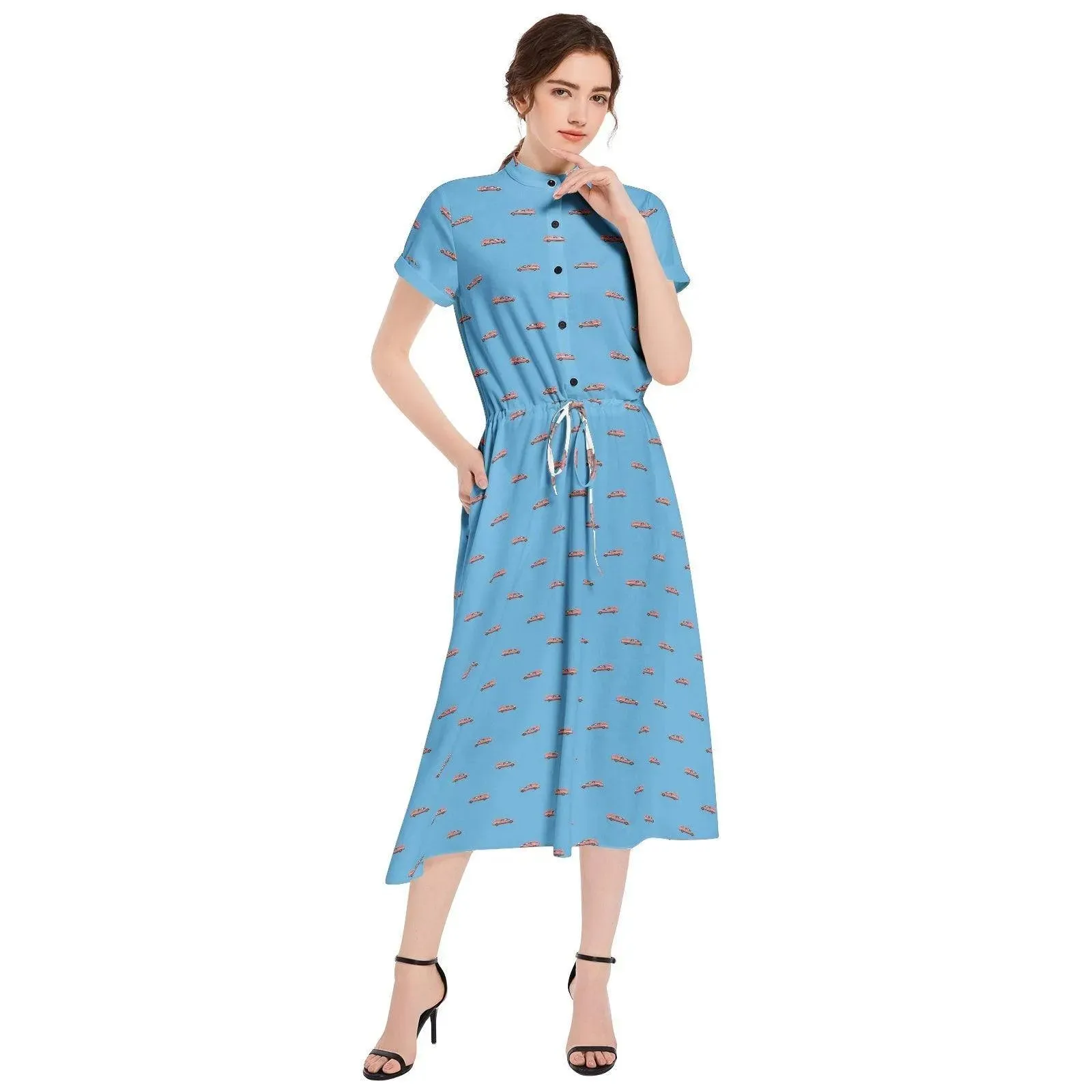 Pink Hearse on Baby Blue - Waist A-line Flared Midi Dress