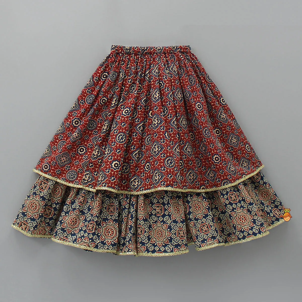 Pre Order: Ajrakh Printed Layered Top With Lehenga