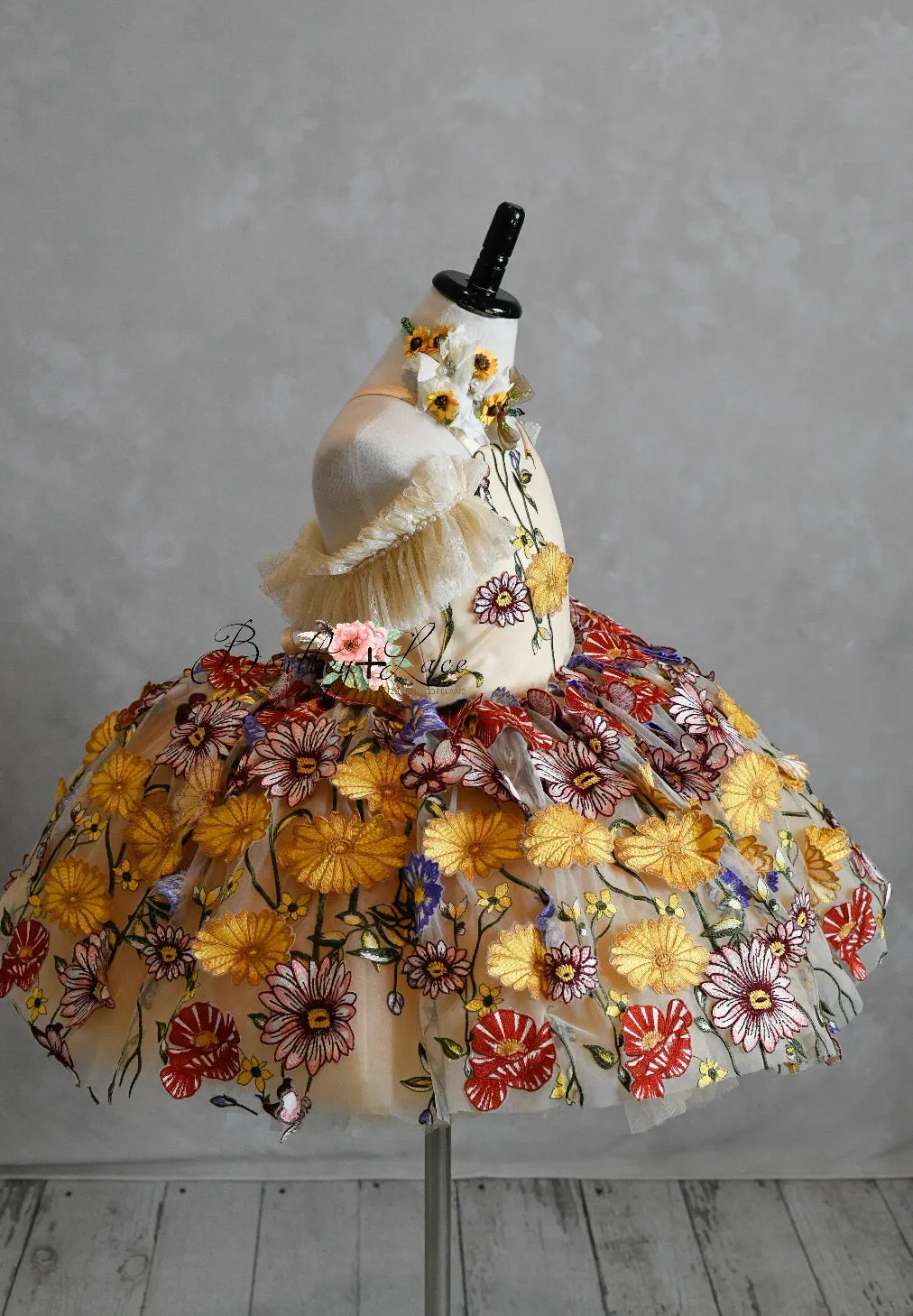 "Daisymae" in Champagne -  Petal Short Length Dress ( 5 Year - Petite 6 Year)