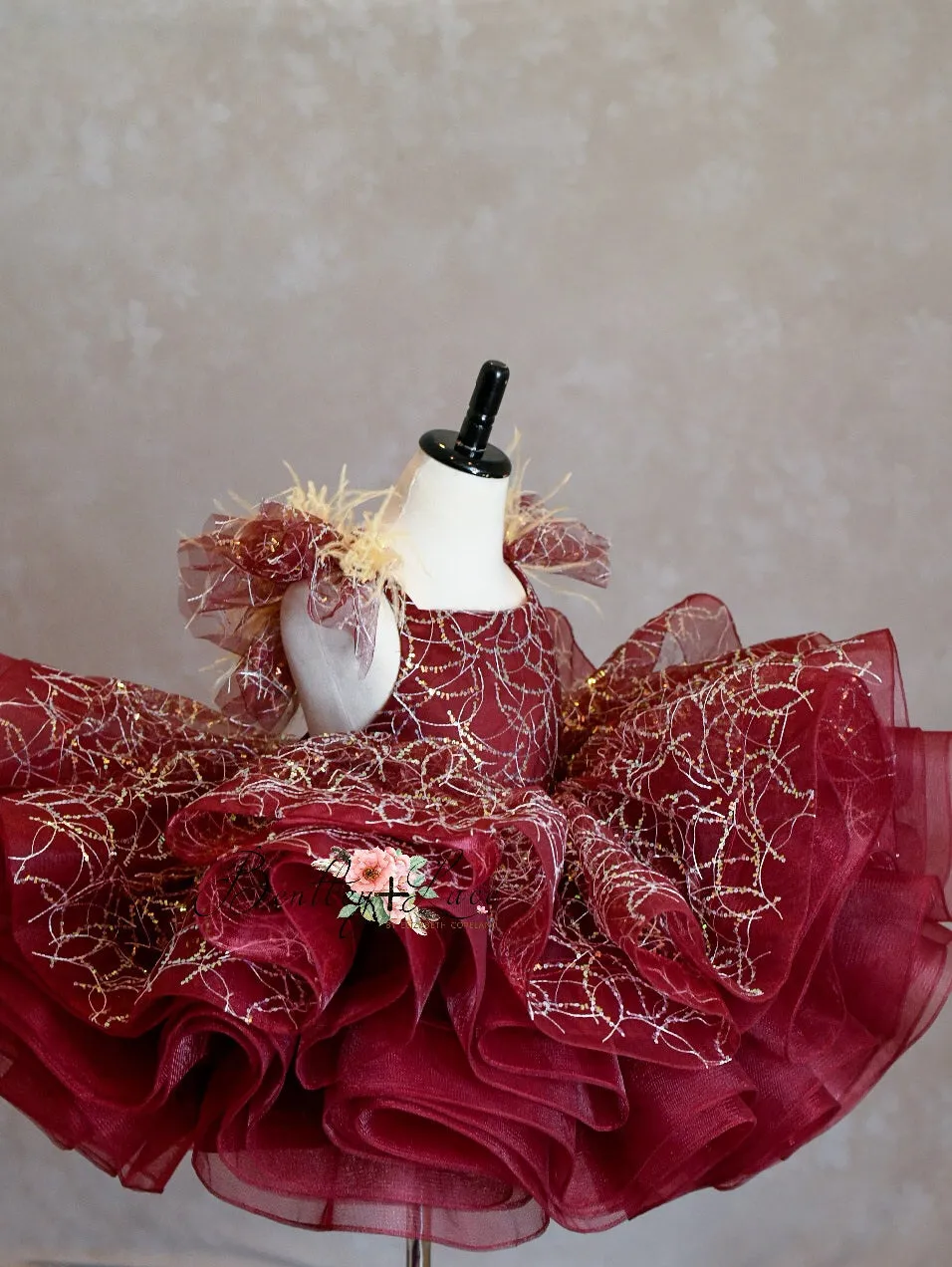 "Winnie" burgundy with feathers Petal Length Dress ( 4 Year - Petite 5 Year)