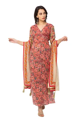 Red Overlap Kurta Set With Dupatta