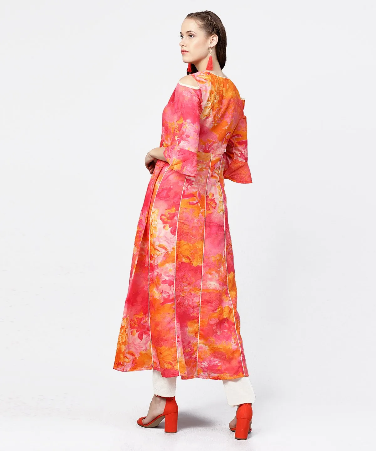 Red Printed 3/4Th Flared Sleeve Round Neck Anarkali Kurta