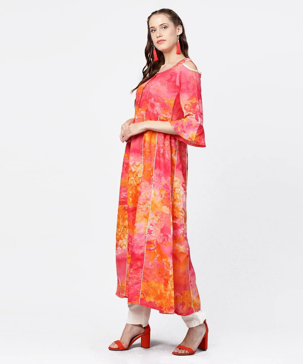 Red Printed 3/4Th Flared Sleeve Round Neck Anarkali Kurta